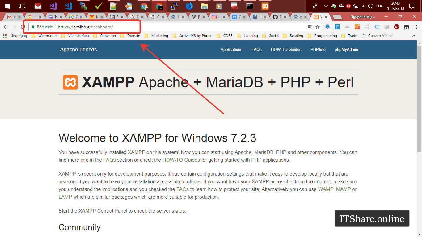 Cài đặt SSL cho Xampp trên Windows - Completed - Welcome to Xampp - DashBoard SSL - localhost