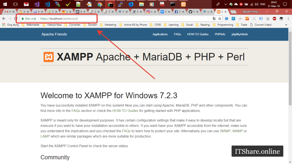 Cài đặt SSL cho Xampp trên Windows - Completed - Welcome to Xampp - DashBoard SSL - localhost