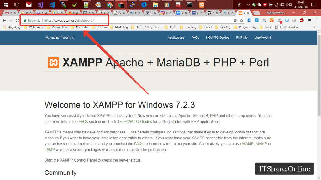 Cài đặt SSL cho Xampp trên Windows - Completed - Welcome to Xampp - DashBoard SSL - SAN www.localhost