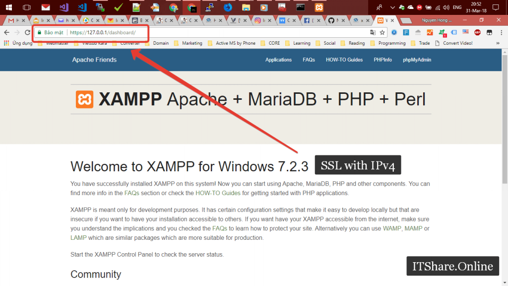 Cài đặt SSL cho Xampp trên Windows - Completed - Welcome to Xampp - DashBoard SSL - IPv4