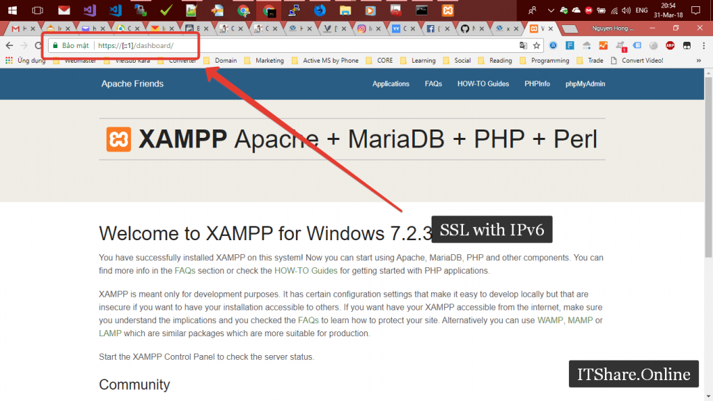 Cài đặt SSL cho Xampp trên Windows - Completed - Welcome to Xampp - DashBoard SSL - IPv6