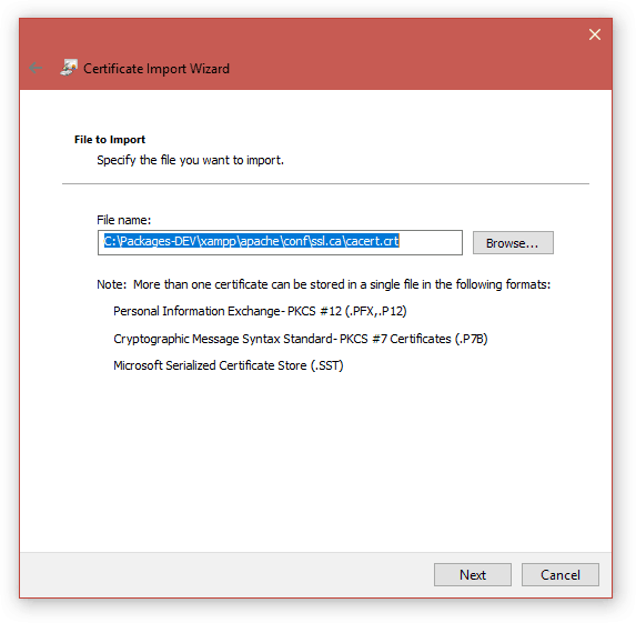 Cài đặt SSL cho Xampp trên Windows - Certificate Import - File to Import